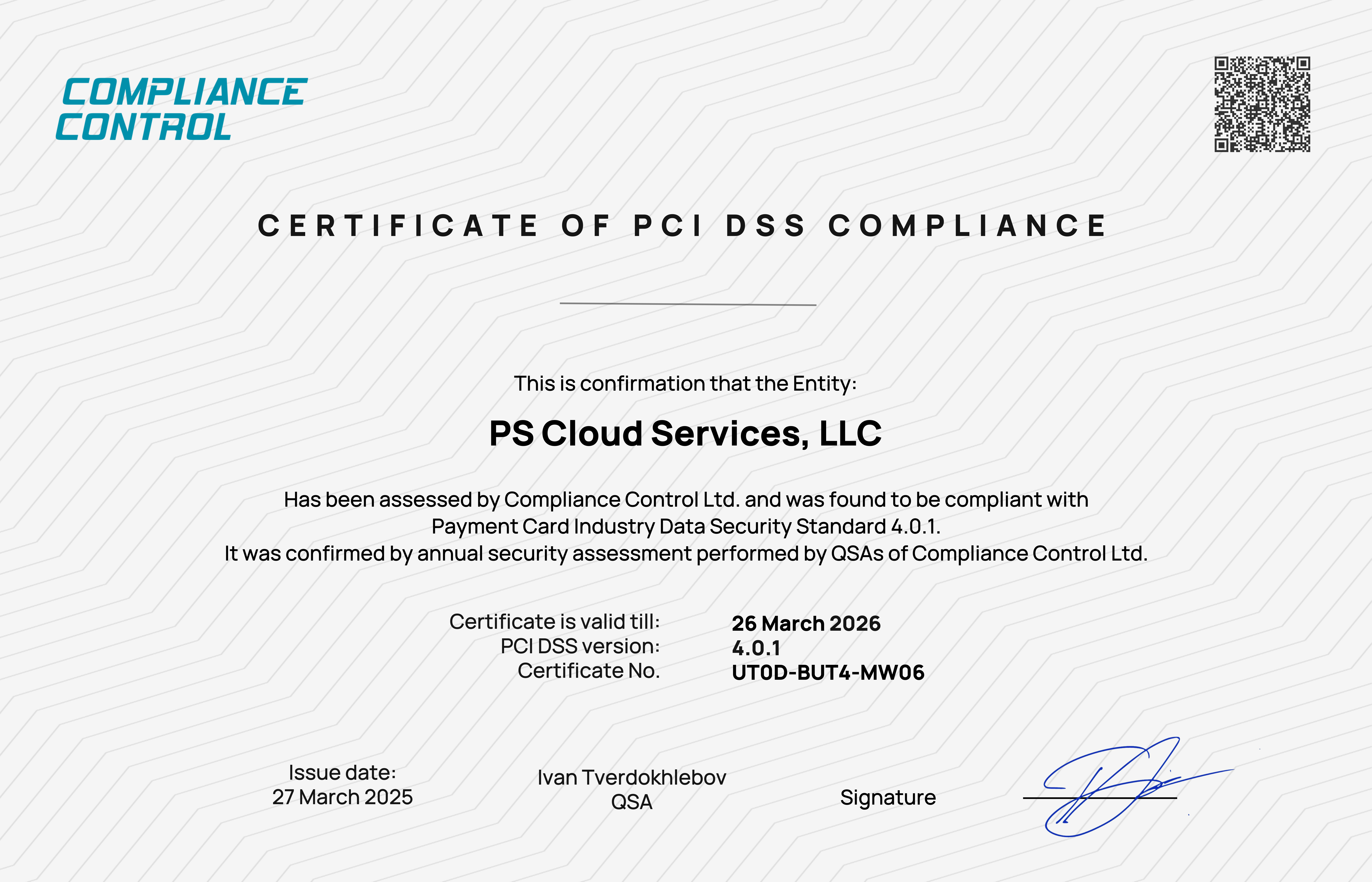 PCI DSS 4.0.1 muvofiqlik sertifikati - PS Cloud Services, 1-surat